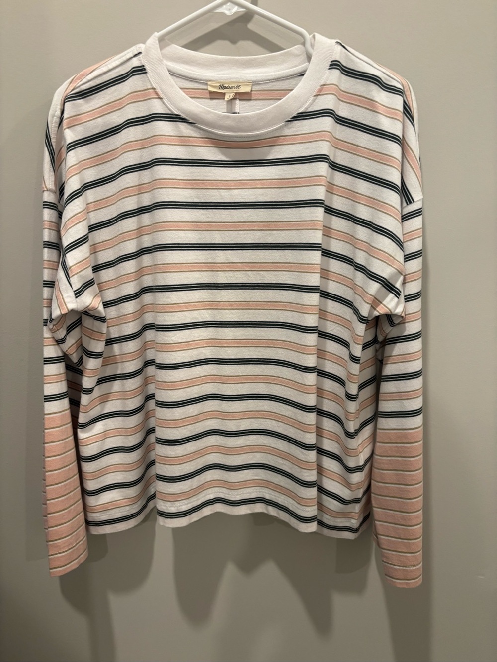 Madewell Easy Crewneck Long Sleeve Tee in Pale Blush Stripe